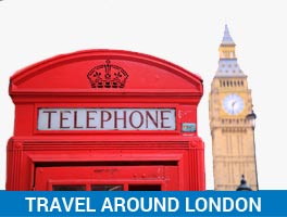 travel around london message with telephone box and big ben in the picture